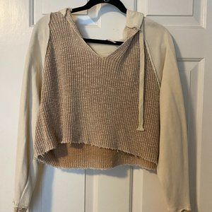 Free People Pink & Cream Contrast Ribbed Knit Pullover Hoodie